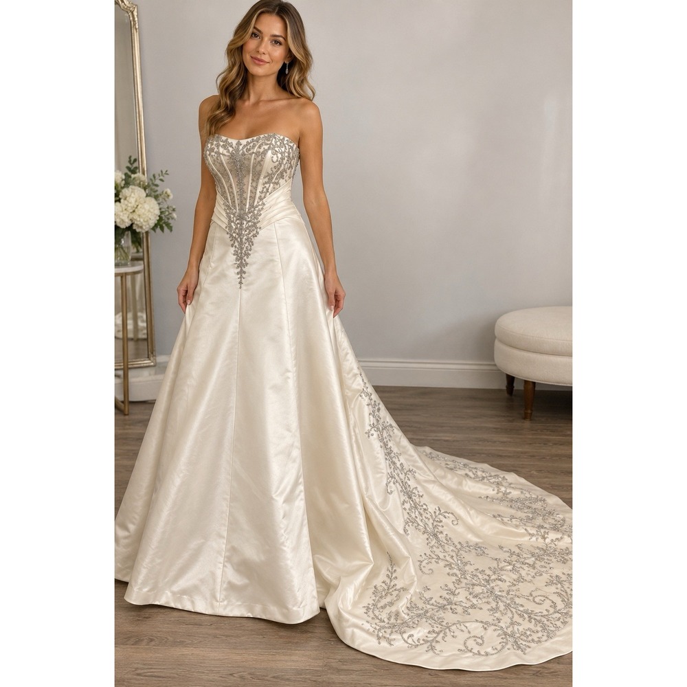 Ivory Satin Wedding Dress Size 8 Strapless Silver Beaded Embroidered Long Train
